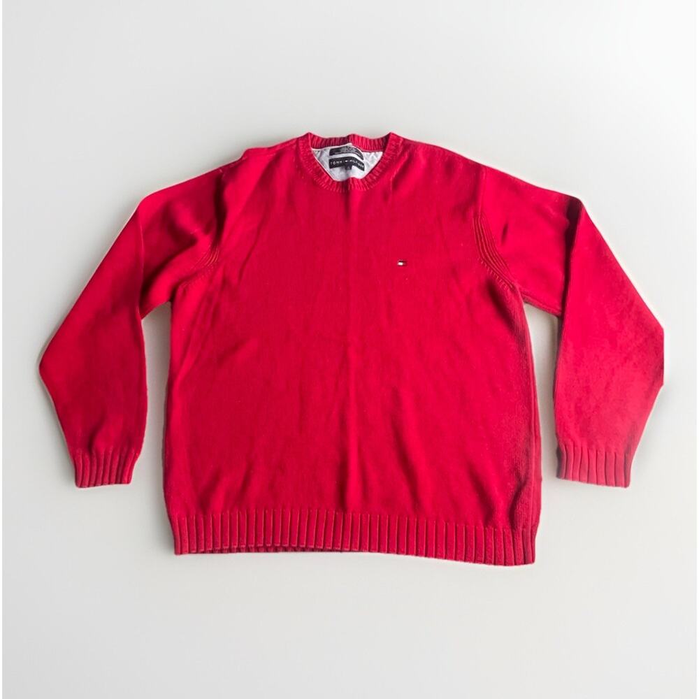 Tommy Hilfiger Sweater Mens Large Red Cotton Knit Pullover Crewneck